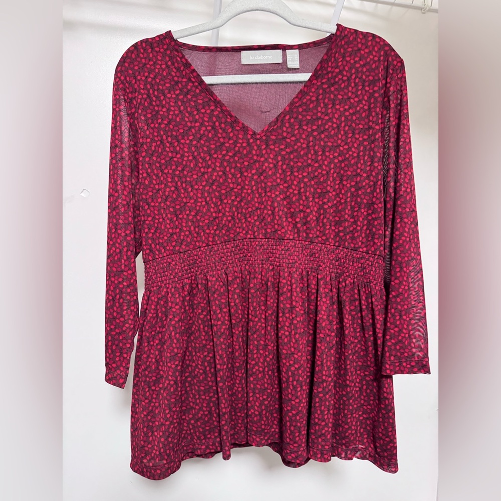 Liz Claiborne Burgundy Red Floral V-Neck Peplum Tunic